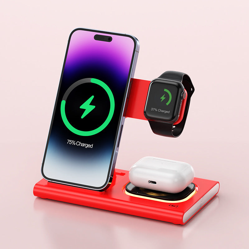 Chargeur sans fil 3-en-1 – Support magnétique avec lampe de chevet & recharge rapide pour iPhone, AirPods et iWatch | Idée cadeau personnalisable