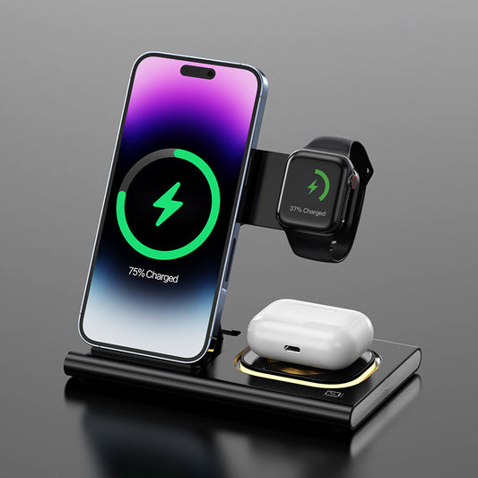 Chargeur sans fil 3-en-1 – Support magnétique avec lampe de chevet & recharge rapide pour iPhone, AirPods et iWatch | Idée cadeau personnalisable