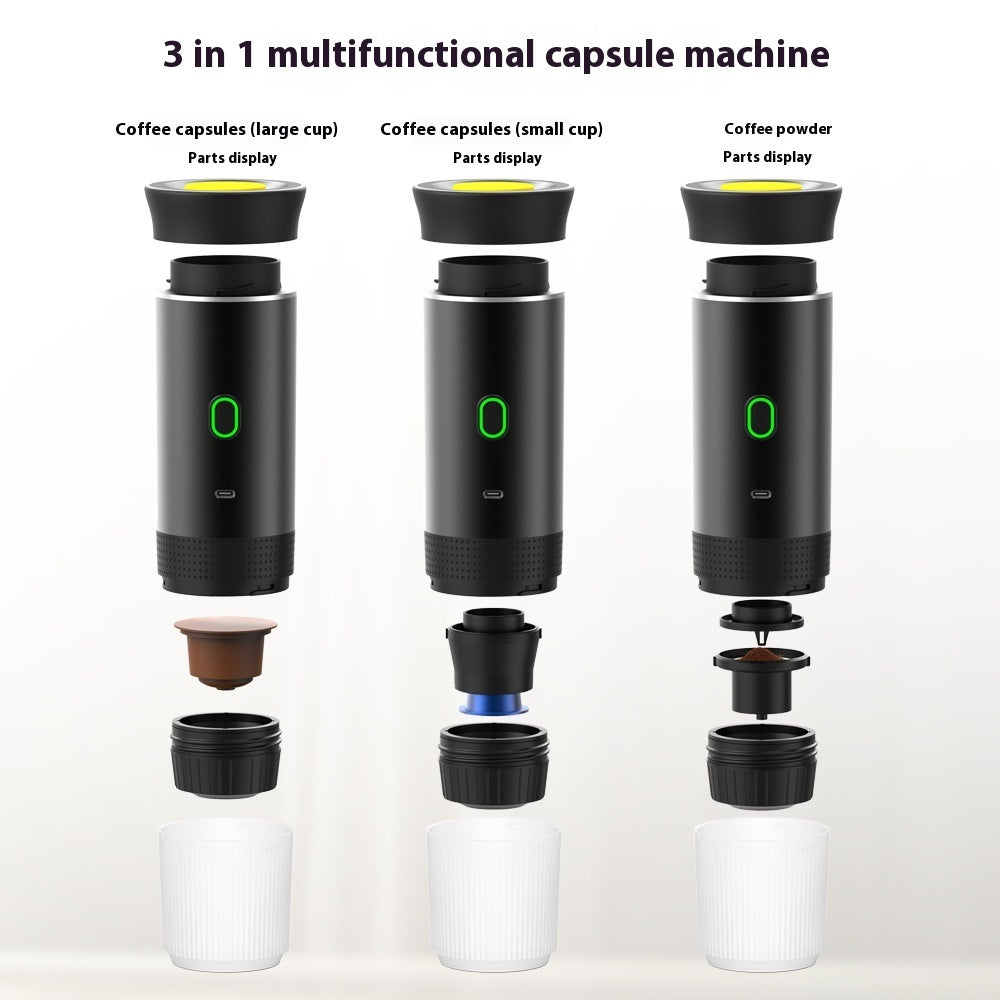 Machine à café portable 3-en-1 – Expresso, moulin électrique & capsules | Idéale pour les voyages