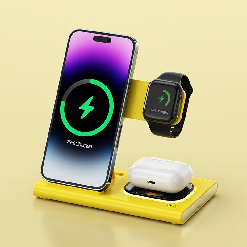 Chargeur sans fil 3-en-1 – Support magnétique avec lampe de chevet & recharge rapide pour iPhone, AirPods et iWatch | Idée cadeau personnalisable