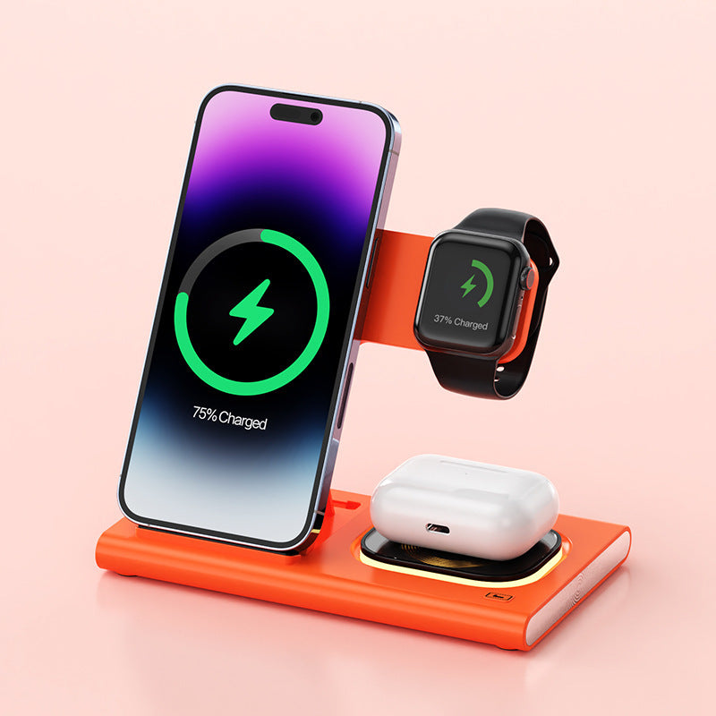 Chargeur sans fil 3-en-1 – Support magnétique avec lampe de chevet & recharge rapide pour iPhone, AirPods et iWatch | Idée cadeau personnalisable