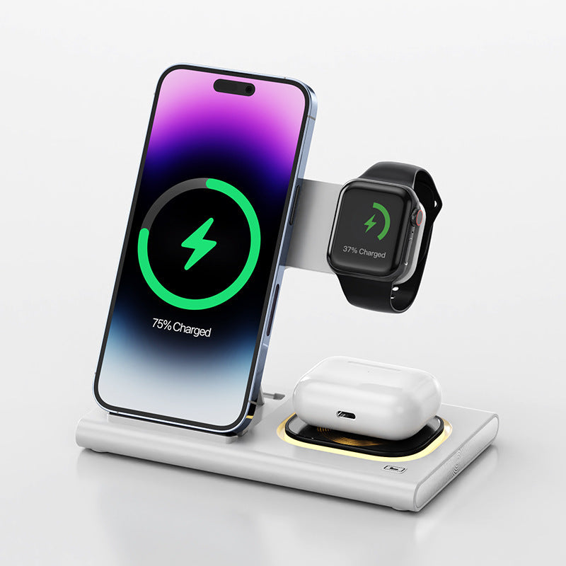 Chargeur sans fil 3-en-1 – Support magnétique avec lampe de chevet & recharge rapide pour iPhone, AirPods et iWatch | Idée cadeau personnalisable