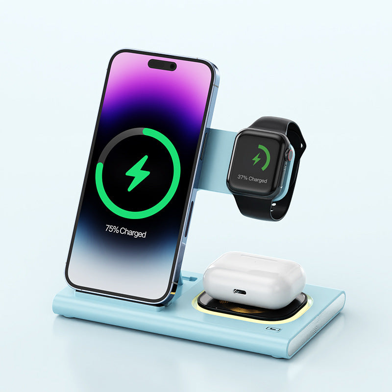 Chargeur sans fil 3-en-1 – Support magnétique avec lampe de chevet & recharge rapide pour iPhone, AirPods et iWatch | Idée cadeau personnalisable